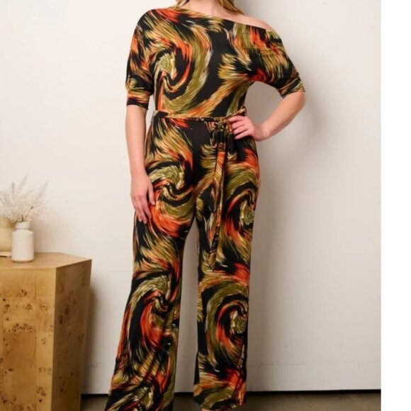 JANETTE PLUS SIZE off Shoulder Swirl Print Wide Leg Jumpsuit NWT 1X, 2X, 3X - Picture 1 of 8